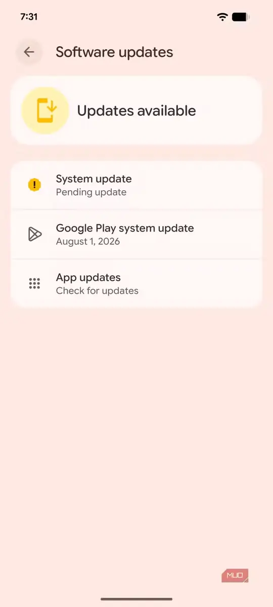 نمایی از صفحه بهروزرسانیهای نرمافزاری در Google Pixel 8