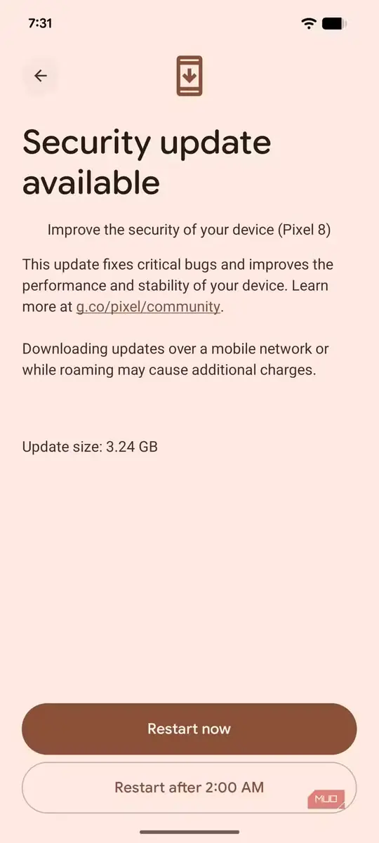 نمایی از صفحه بهروزرسانیهای امنیتی در Google Pixel 8