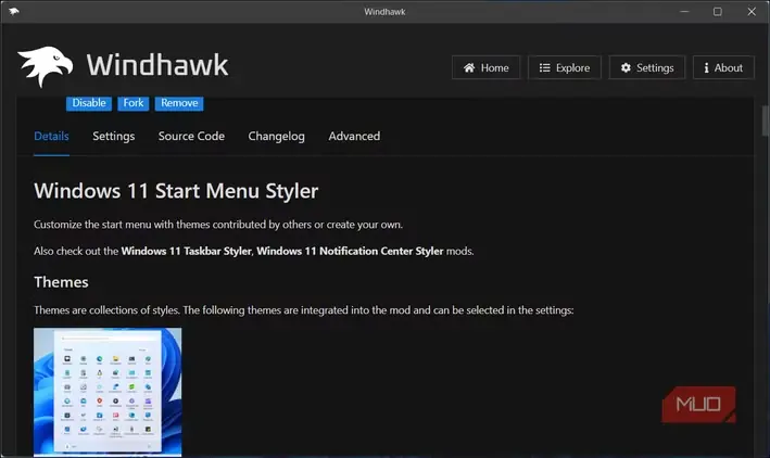 افزونهٔ تغییر ظاهر منوی شروع Windows 11 در Windhawk