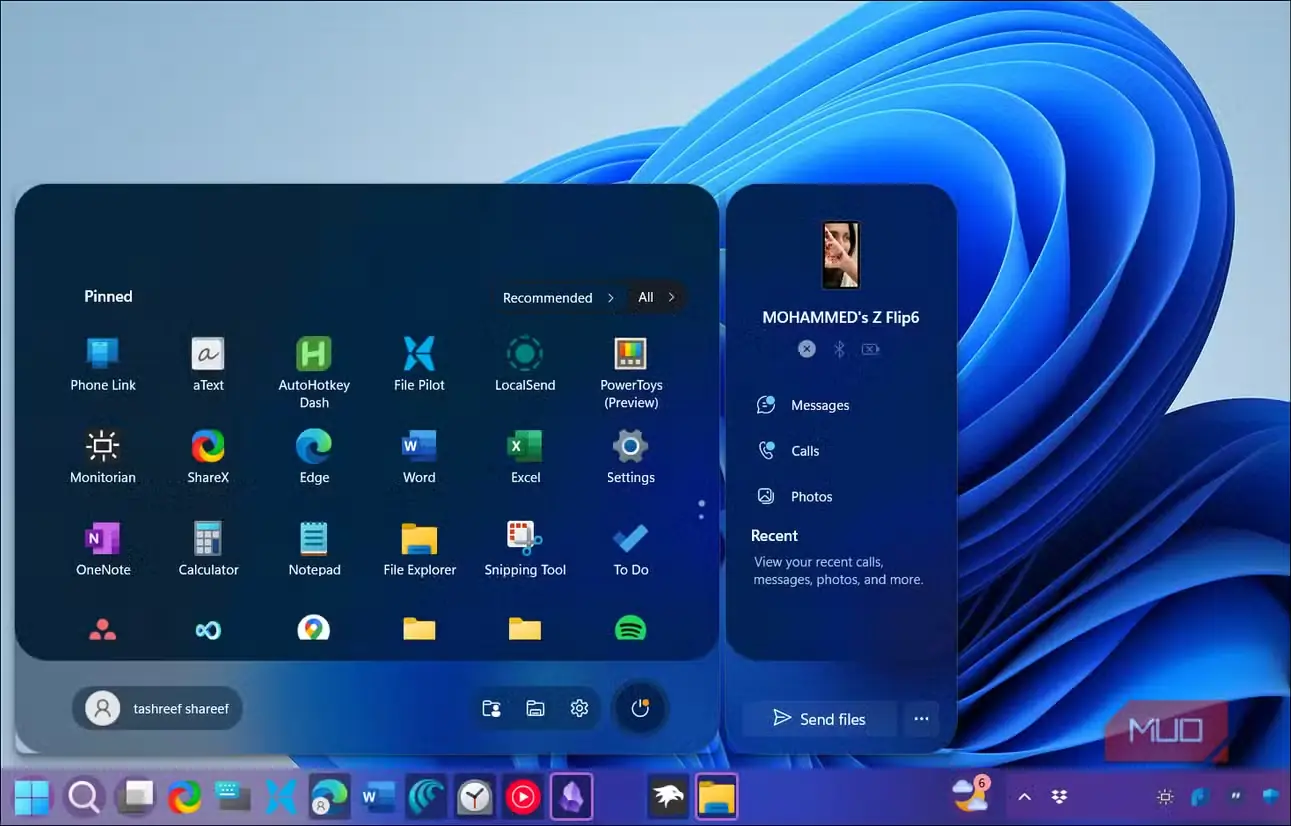 ظاهر پیکان روبهپایین منوی شروع Windows 11
