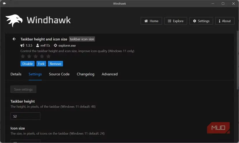 افزونهٔ تنظیم ارتفاع نوار وظیفه و اندازهٔ نمادها در Windhawk
