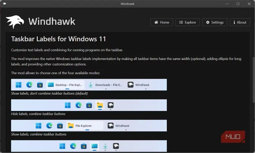 افزونهٔ برچسبهای نوار وظیفهٔ Windows 11 در Windhawk