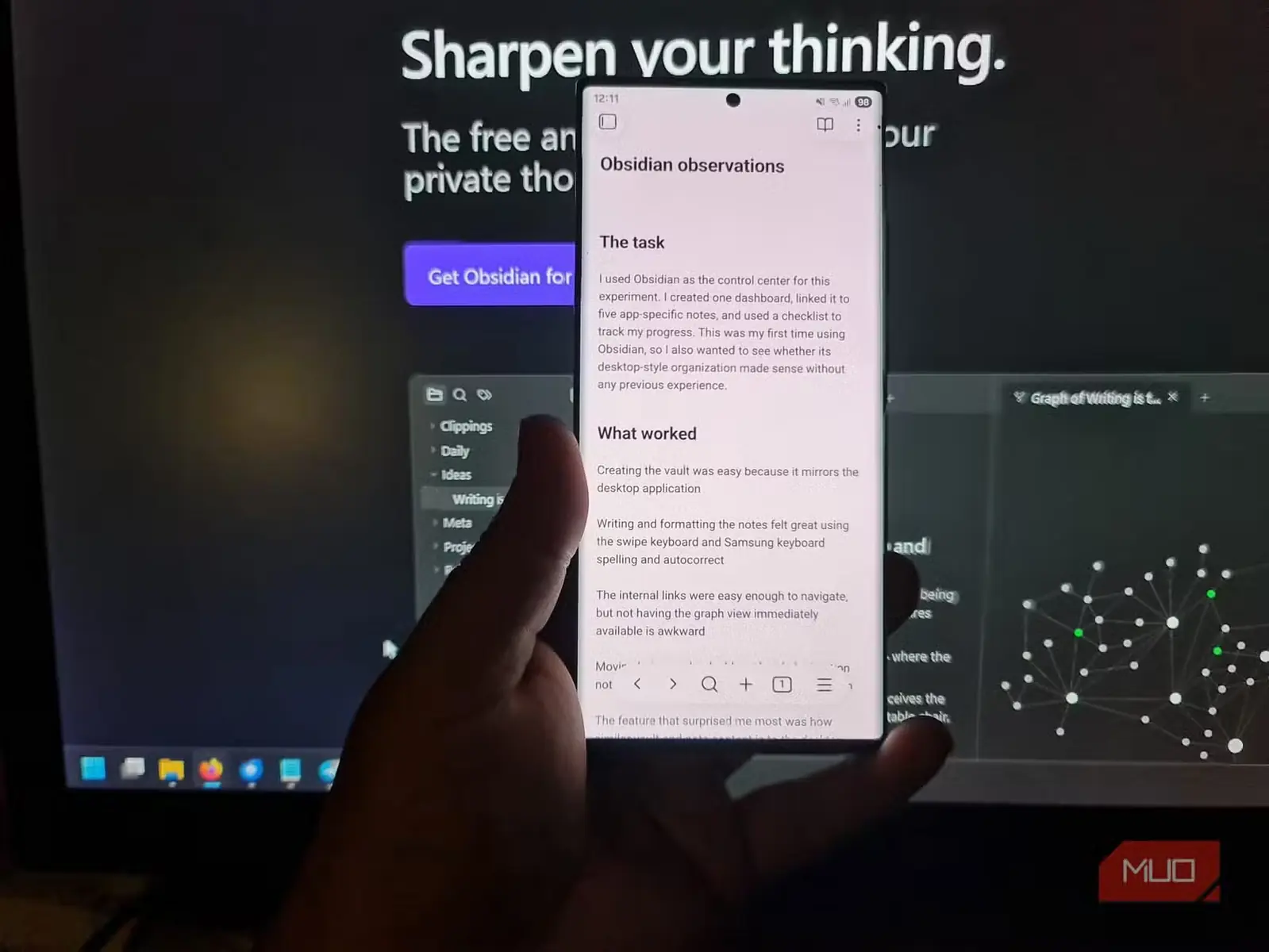 برنامهٔ Obsidian در Android در حال نمایش یادداشت پروژه شامل عنوانها، سیاههٔ بررسی و مشاهدات آزمون برنامهها