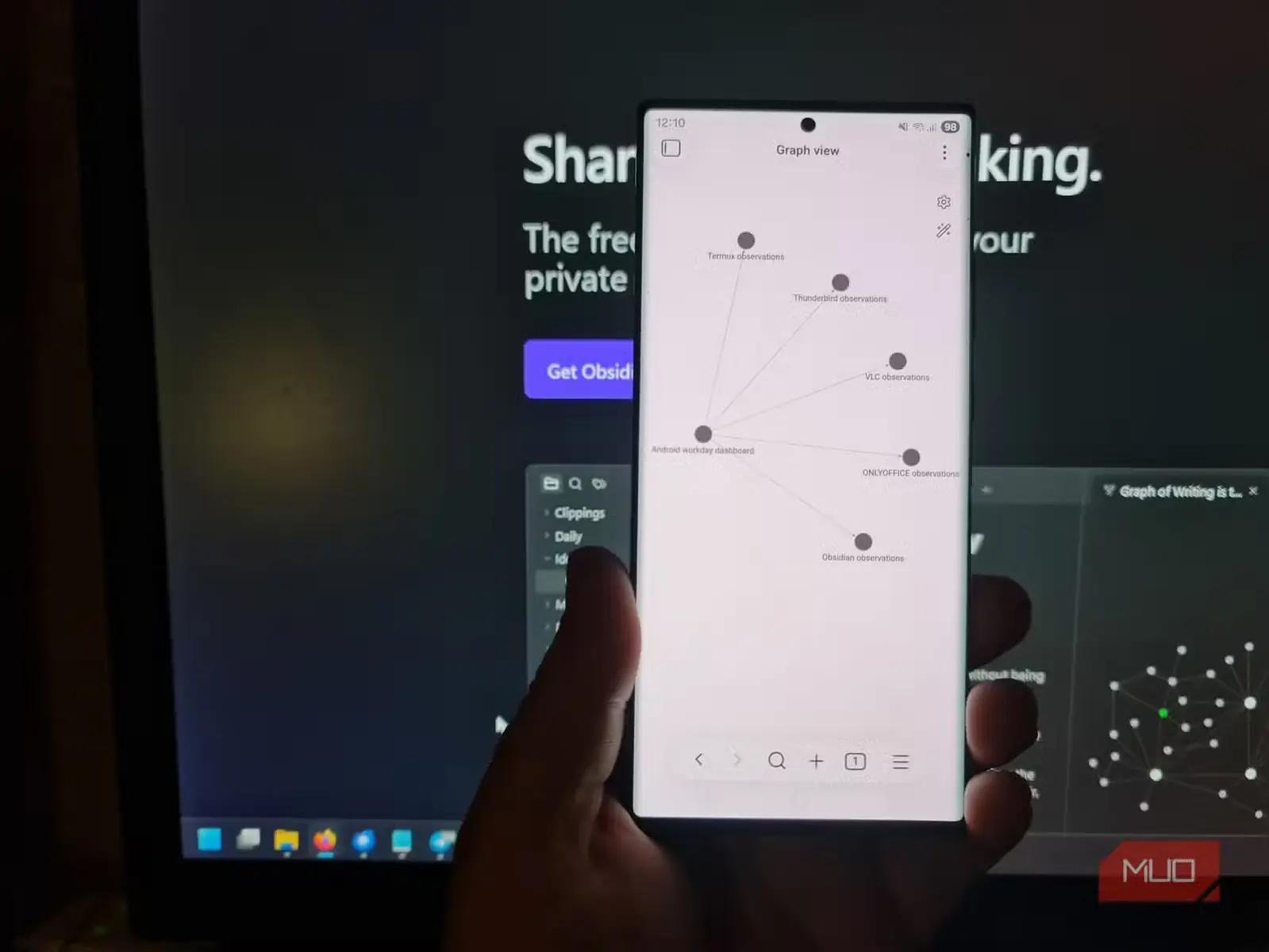 برنامهٔ Obsidian در Android در حال نمایش نموداری که پیشخوان پروژه را به یادداشتهای پنج برنامهٔ آزمایششده پیوند میدهد