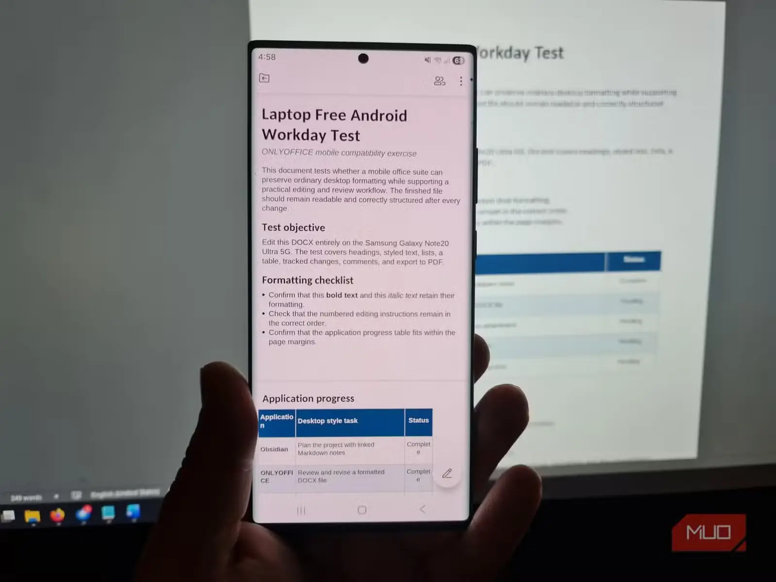 برنامهٔ ONLYOFFICE در Android در حال نمایش سندی با نمای موبایل فعال