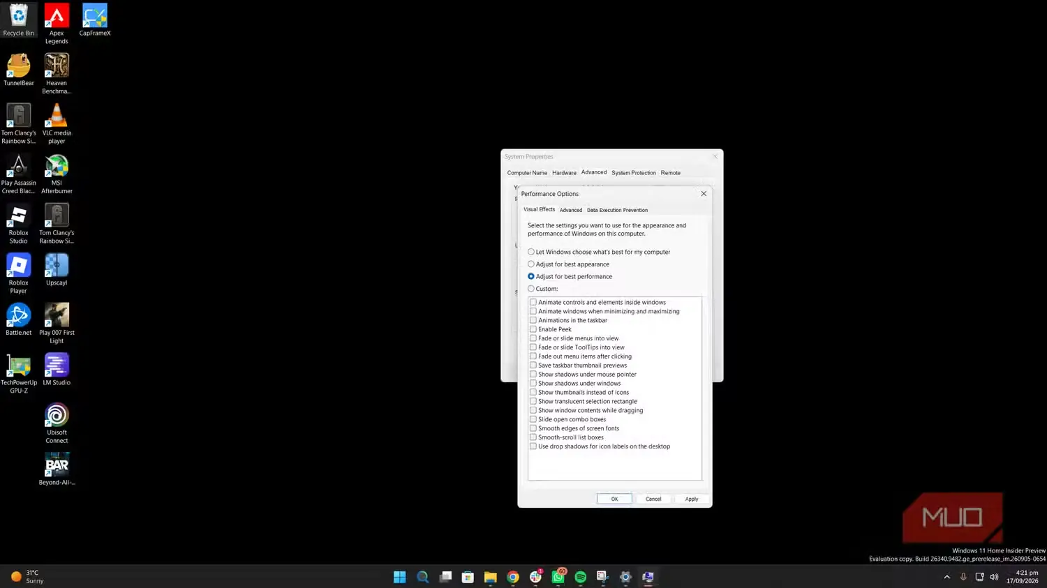 پنجرهٔ تنظیم پویانماییهای Windows