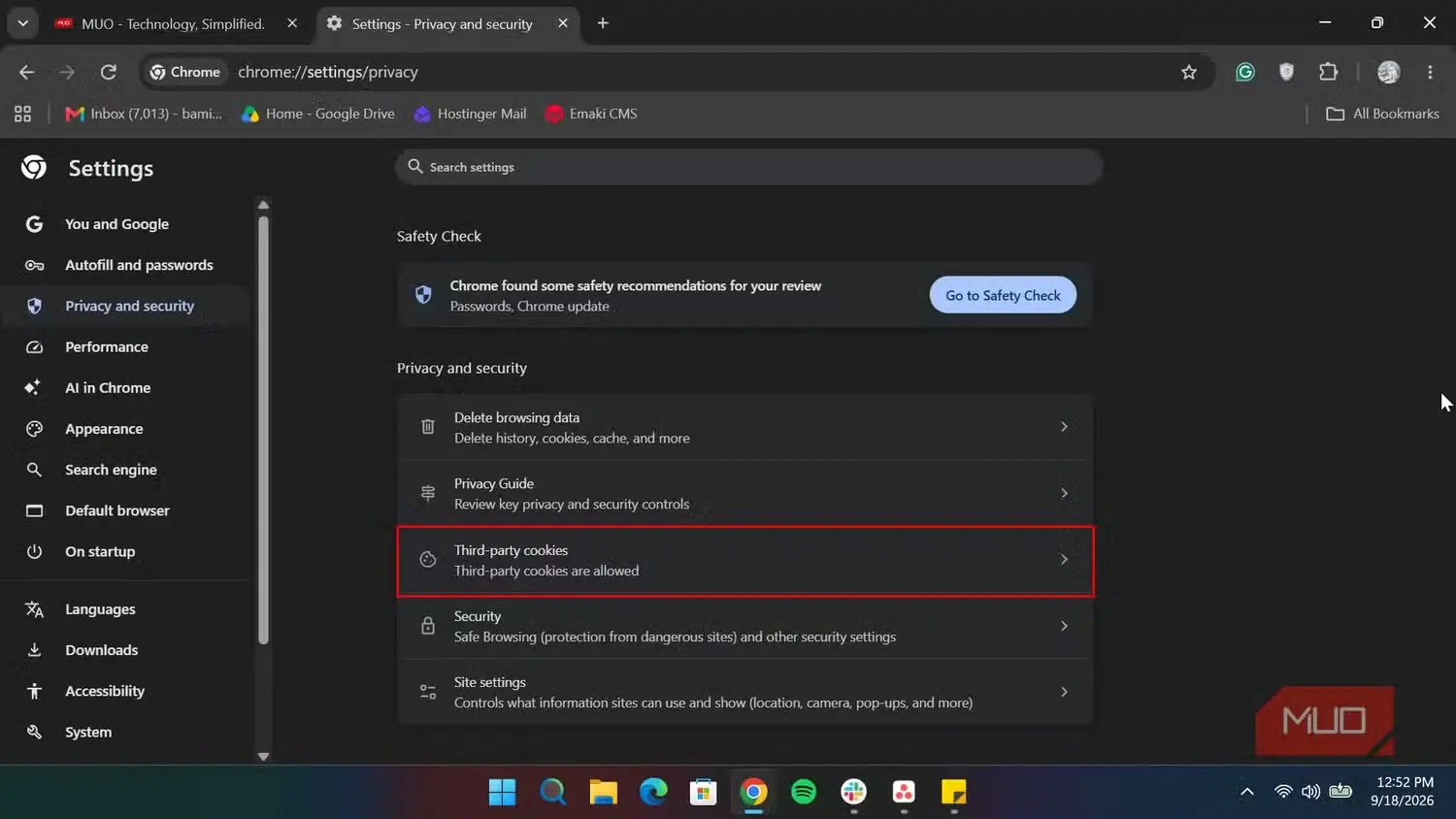 بخش تنظیمات حریم خصوصی و امنیت Chrome