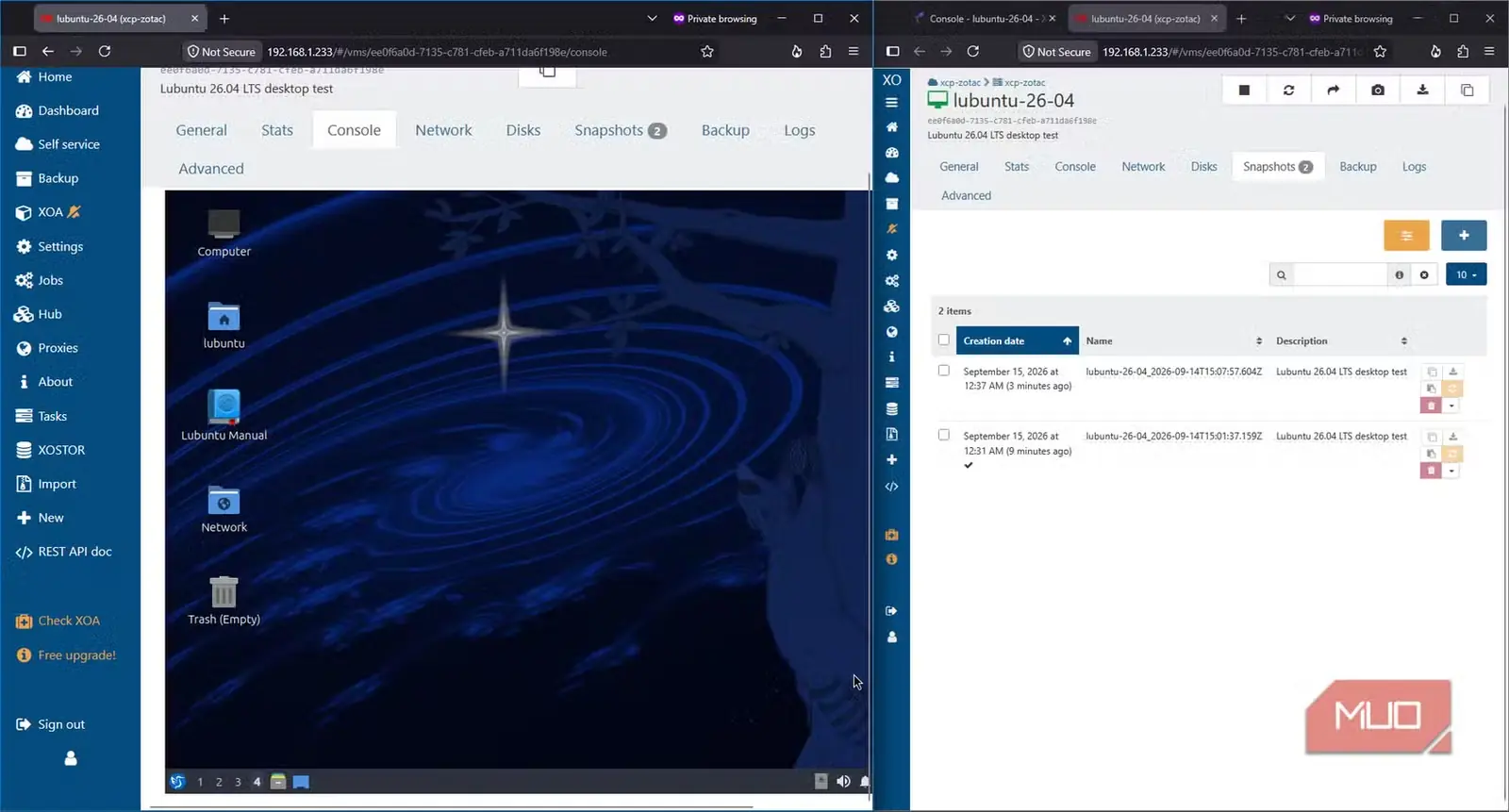 بازگردانی Lubuntu به میزکار پیشین پس از برگرداندن اسنپشات XCP-ng در Xen Orchestra