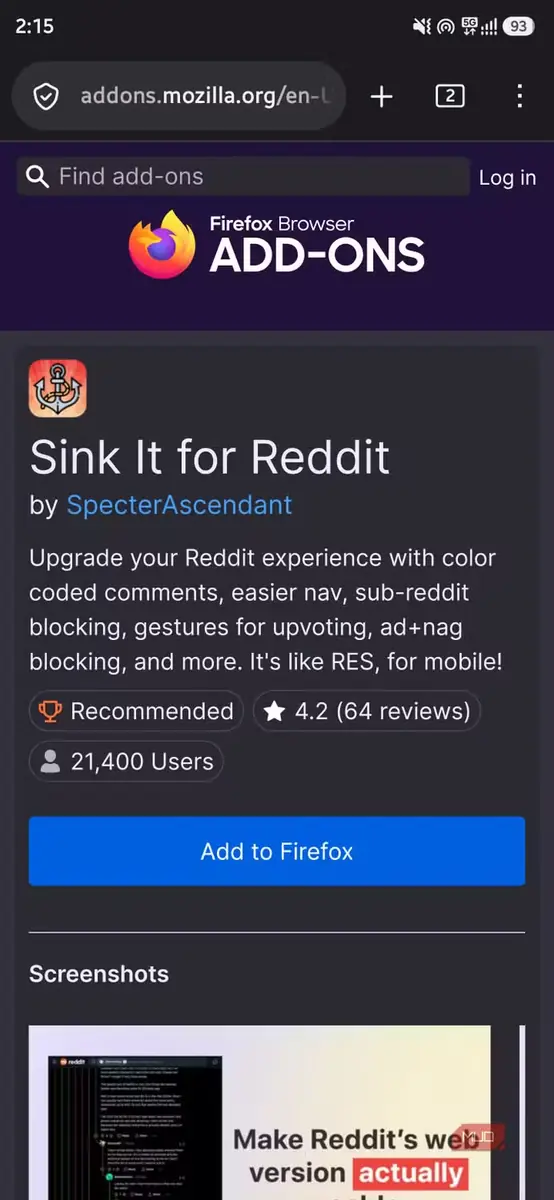 صفحه افزونه Sink It for Reddit در Firefox، همراه با معرفی امکانات و دکمه «افزودن به Firefox»