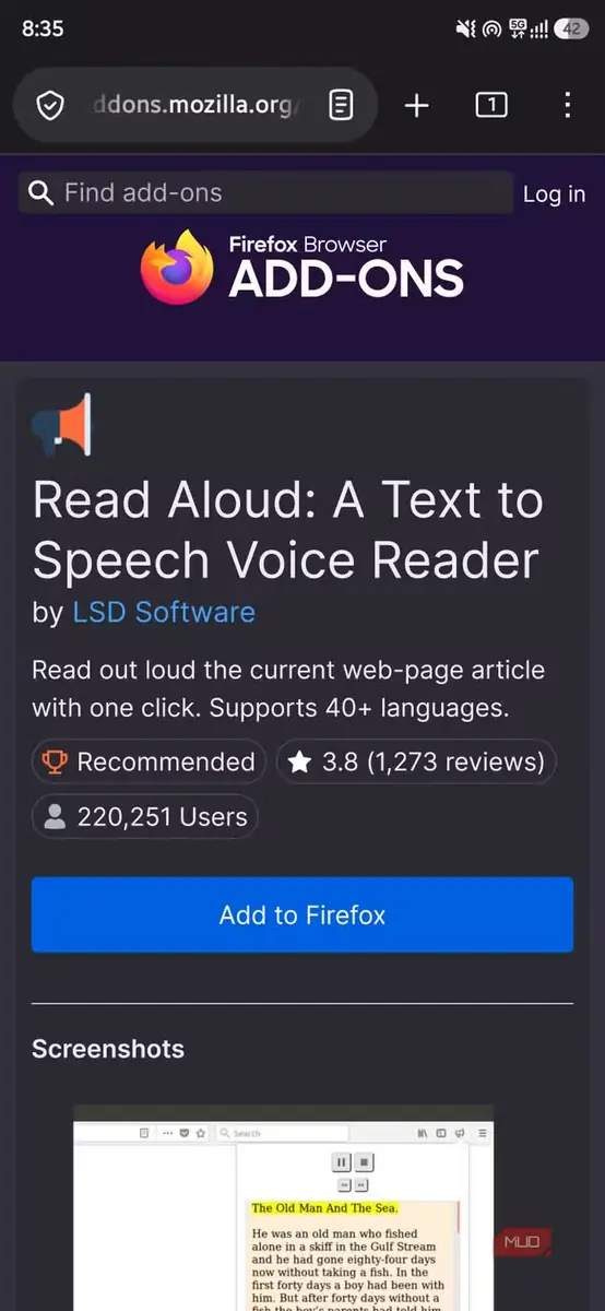 صفحه افزونه Read Aloud در فروشگاه افزونه‌های Firefox با دکمه «افزودن به Firefox»