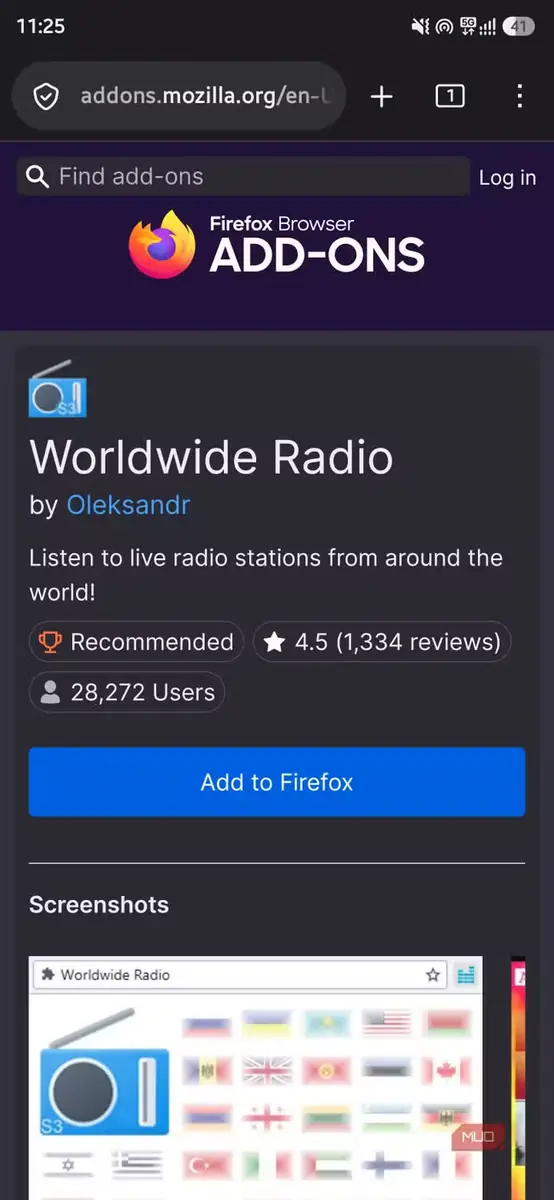 نمای افزونه Worldwide Radio برای مرورگر Firefox