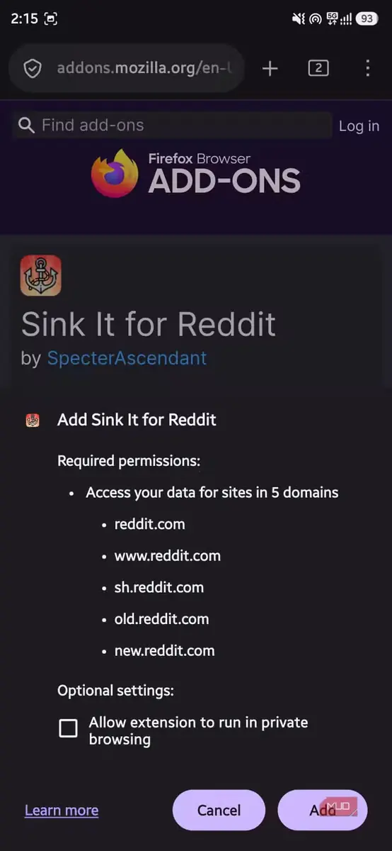 پیام درخواست مجوز Firefox برای نصب افزونه Sink It for Reddit