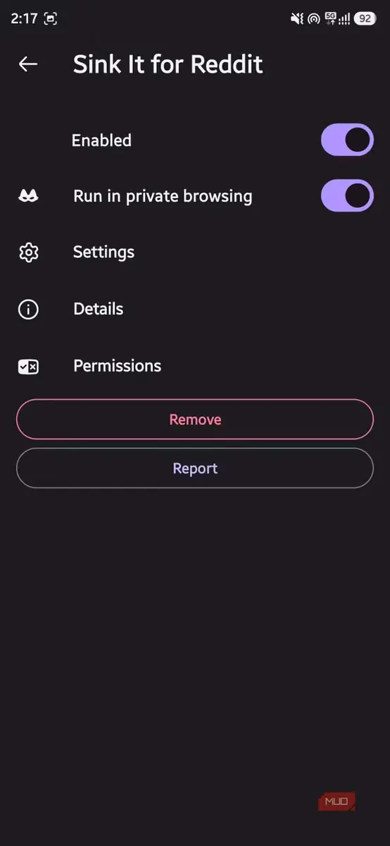 تنظیمات افزونه Sink It for Reddit با کلیدهای فعال‌سازی و مرور خصوصی