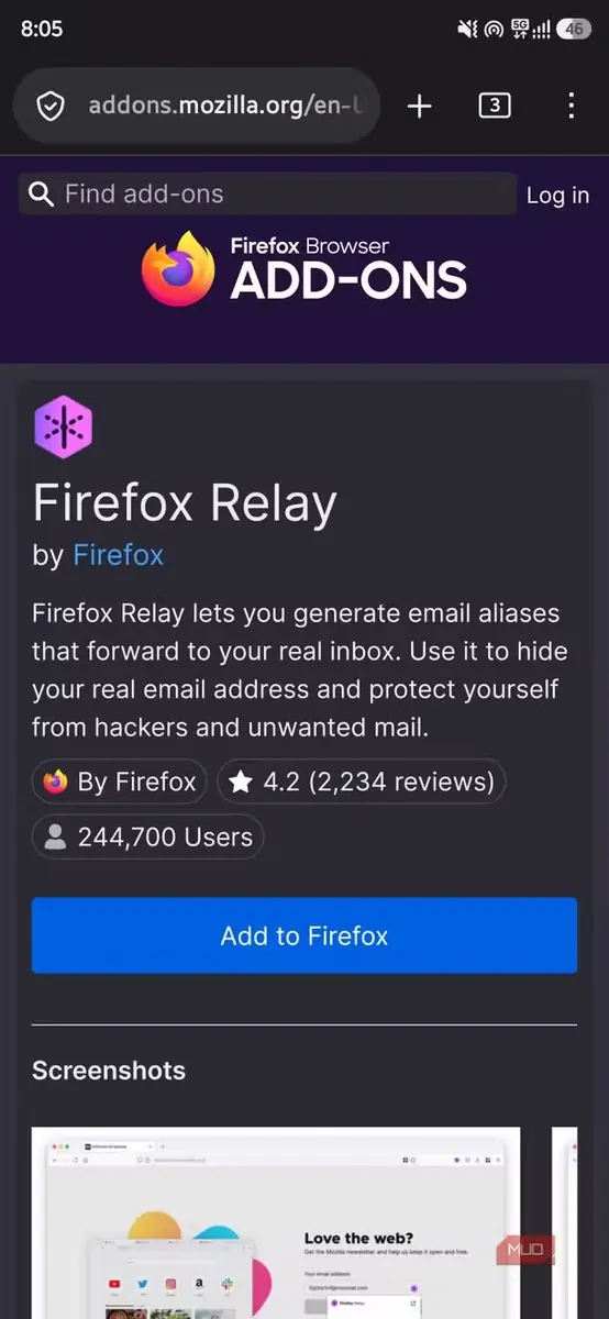 صفحه افزونه Firefox Relay در فروشگاه افزونه‌های Firefox Browser با دکمه «افزودن به Firefox»