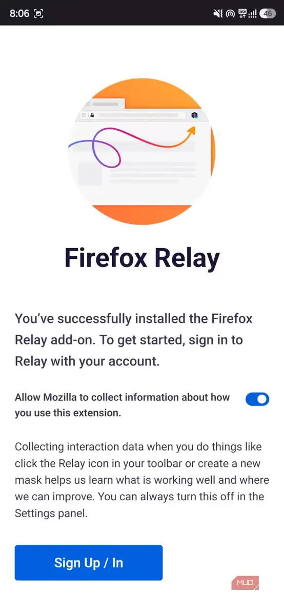 صفحه تأیید نصب Firefox Relay با دکمه «نام‌نویسی یا ورود»