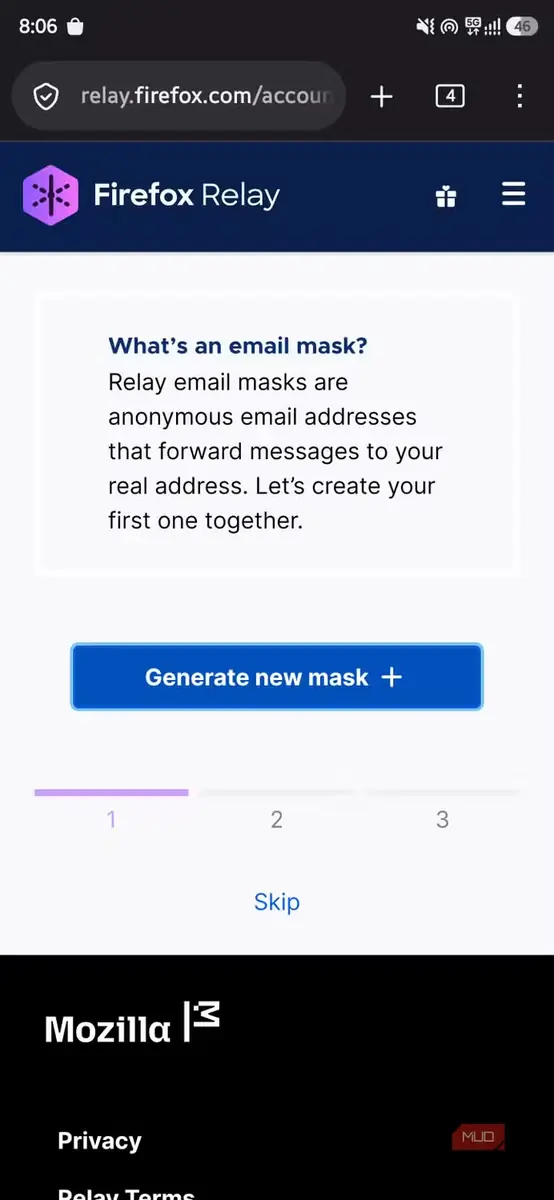 صفحه آغاز به کار Firefox Relay با دکمه «ساخت پوشاننده جدید»