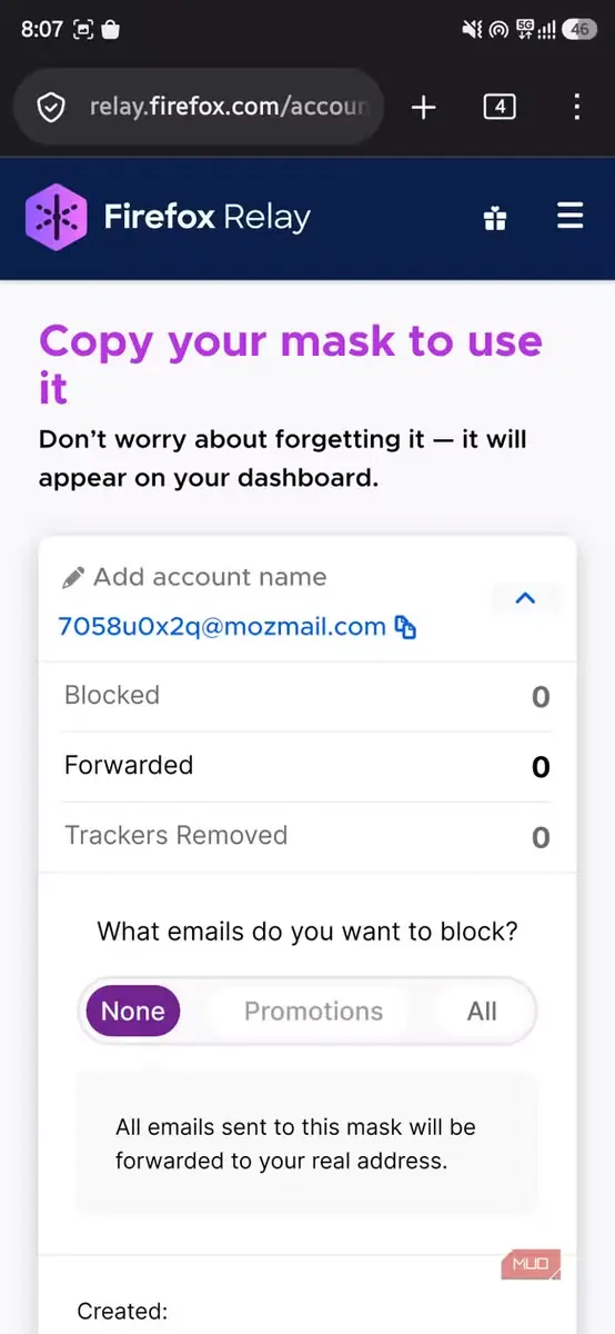 پیشخوان پوشاننده‌های Firefox Relay با کارت نشانی ایمیل ساخته‌شده mozmail