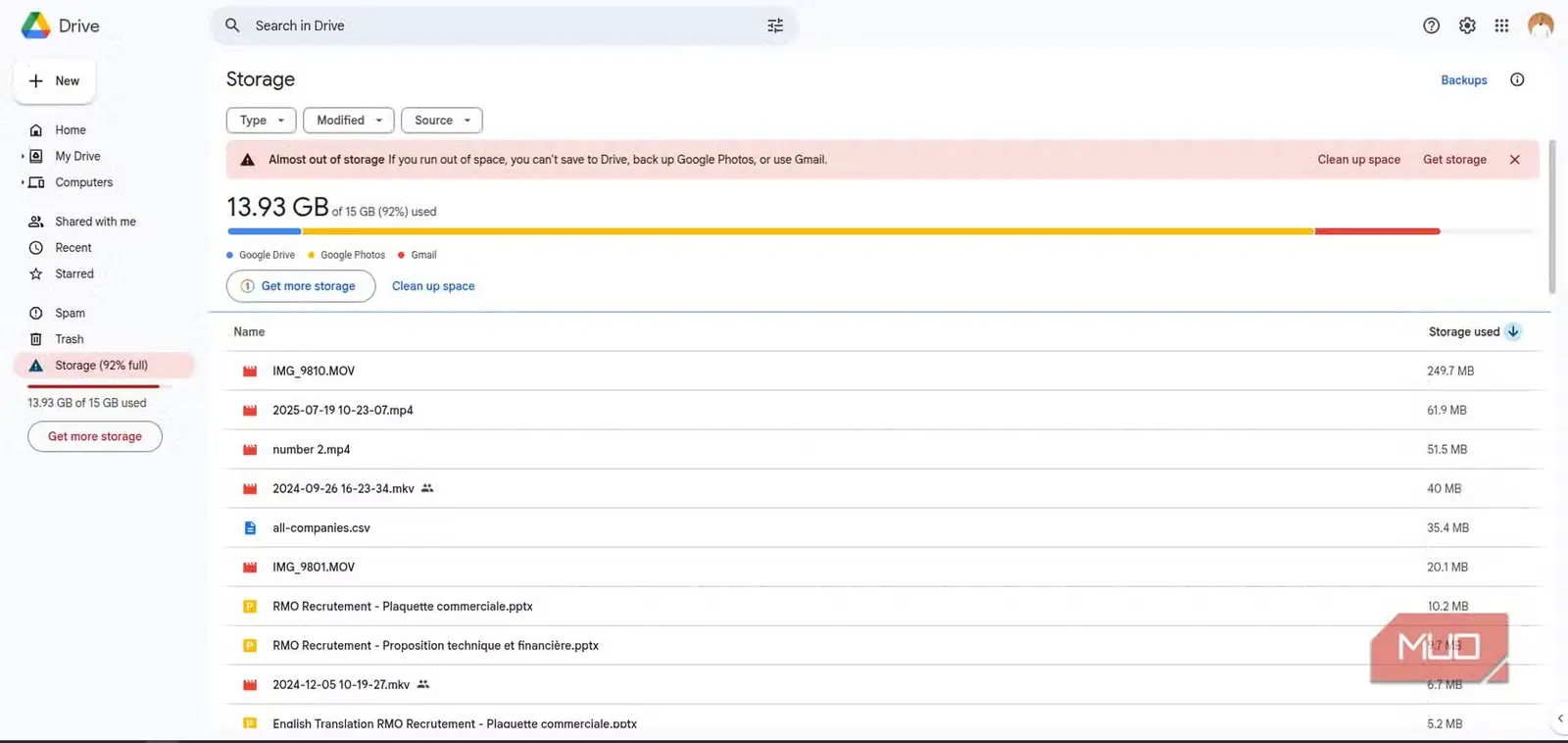 ظرفیت ذخیرهسازی Google Drive در آستانهٔ پر شدن