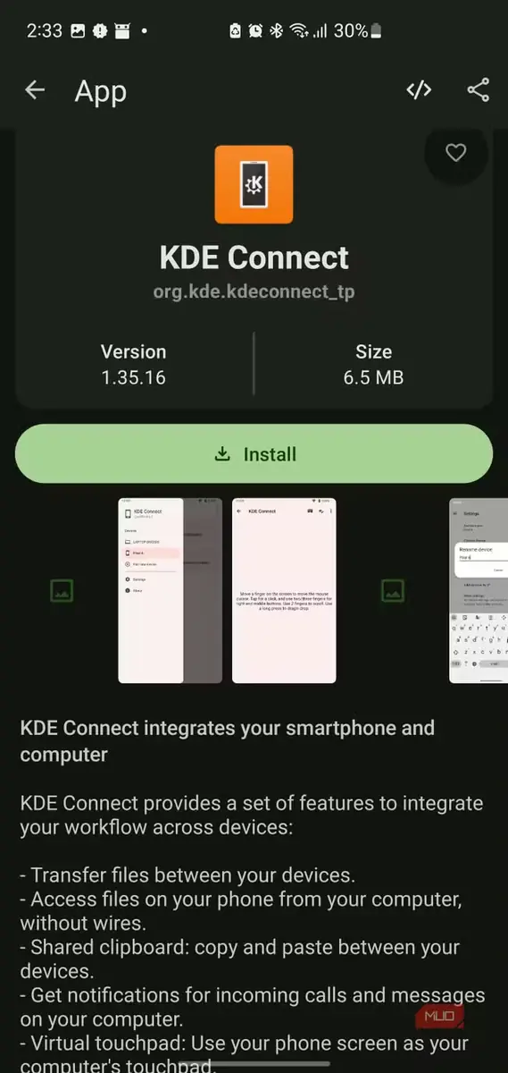 صفحهٔ نصب برنامهٔ KDE Connect در Android
