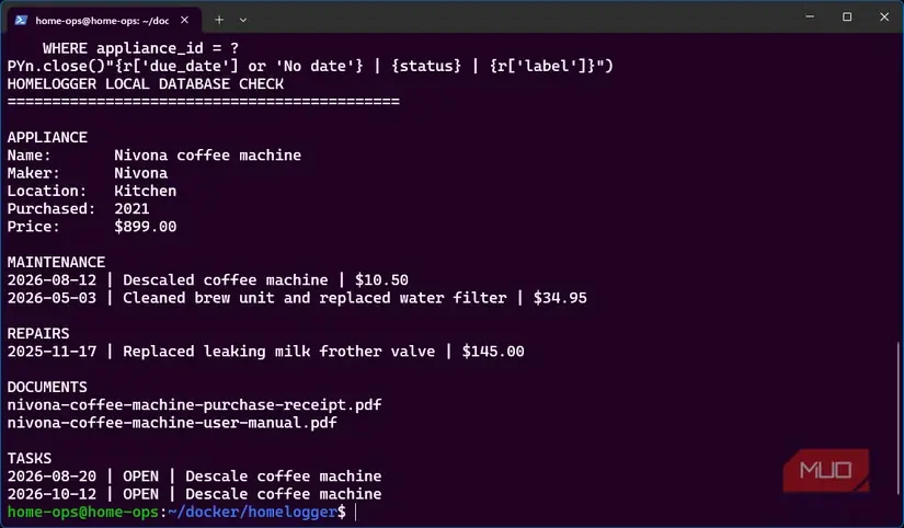 پرسوجوی SQLite از سوابق دستگاهها، نگهداری، تعمیرات، اسناد و کارهای HomeLogger که بهصورت محلی ذخیره شدهاند