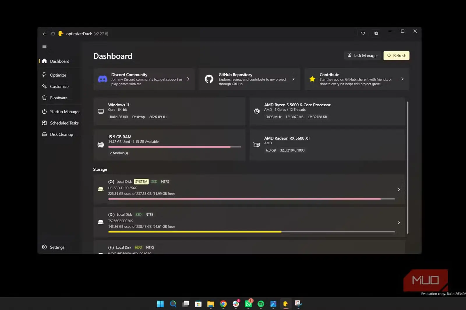 نمای داشبورد اصلی Optimizer Duck