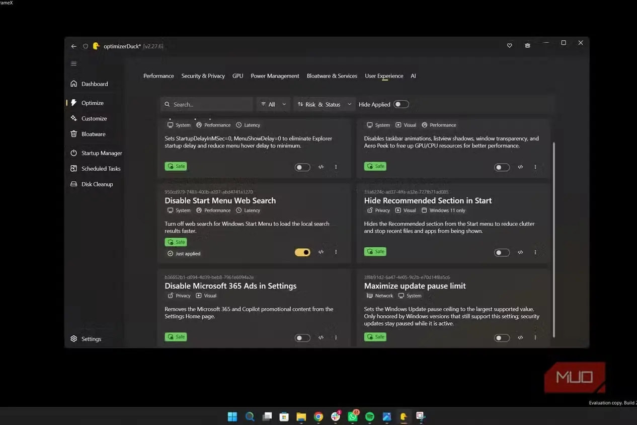 صفحهٔ تنظیمات بهینهسازی Optimizer Duck