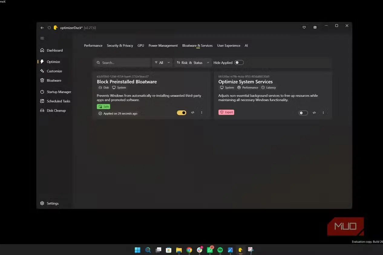 گزینههای بهینهسازی سیستم در Optimizer Duck
