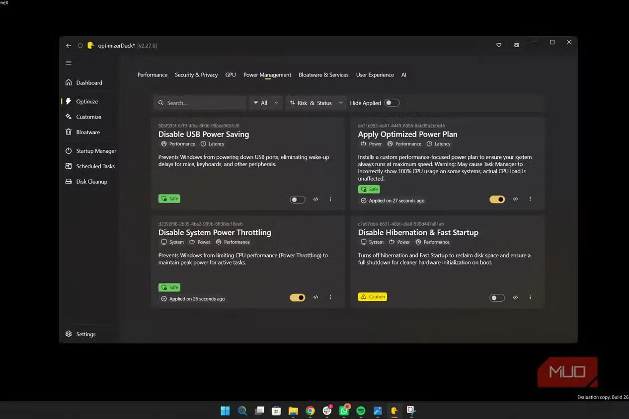 فهرست تنظیمات بهینهسازی Optimizer Duck