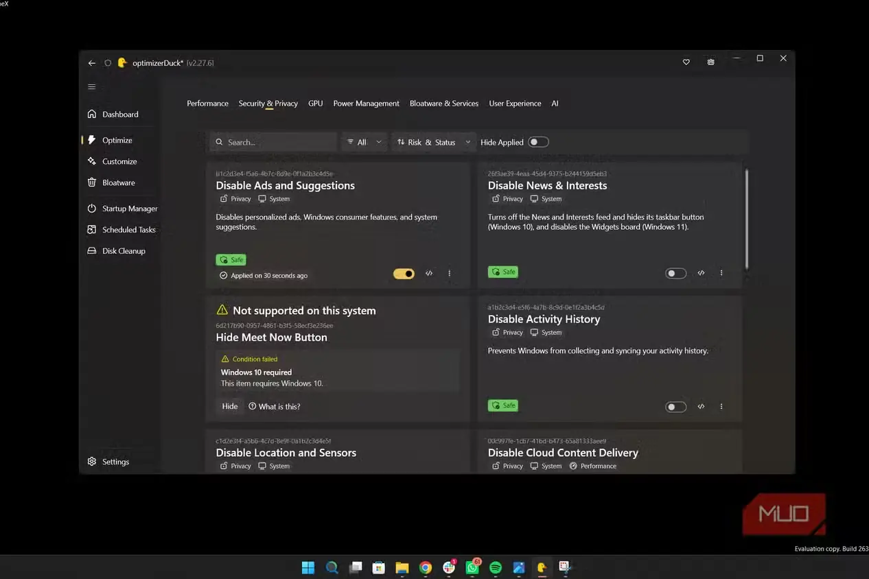 بخش تغییرات کارایی در Optimizer Duck