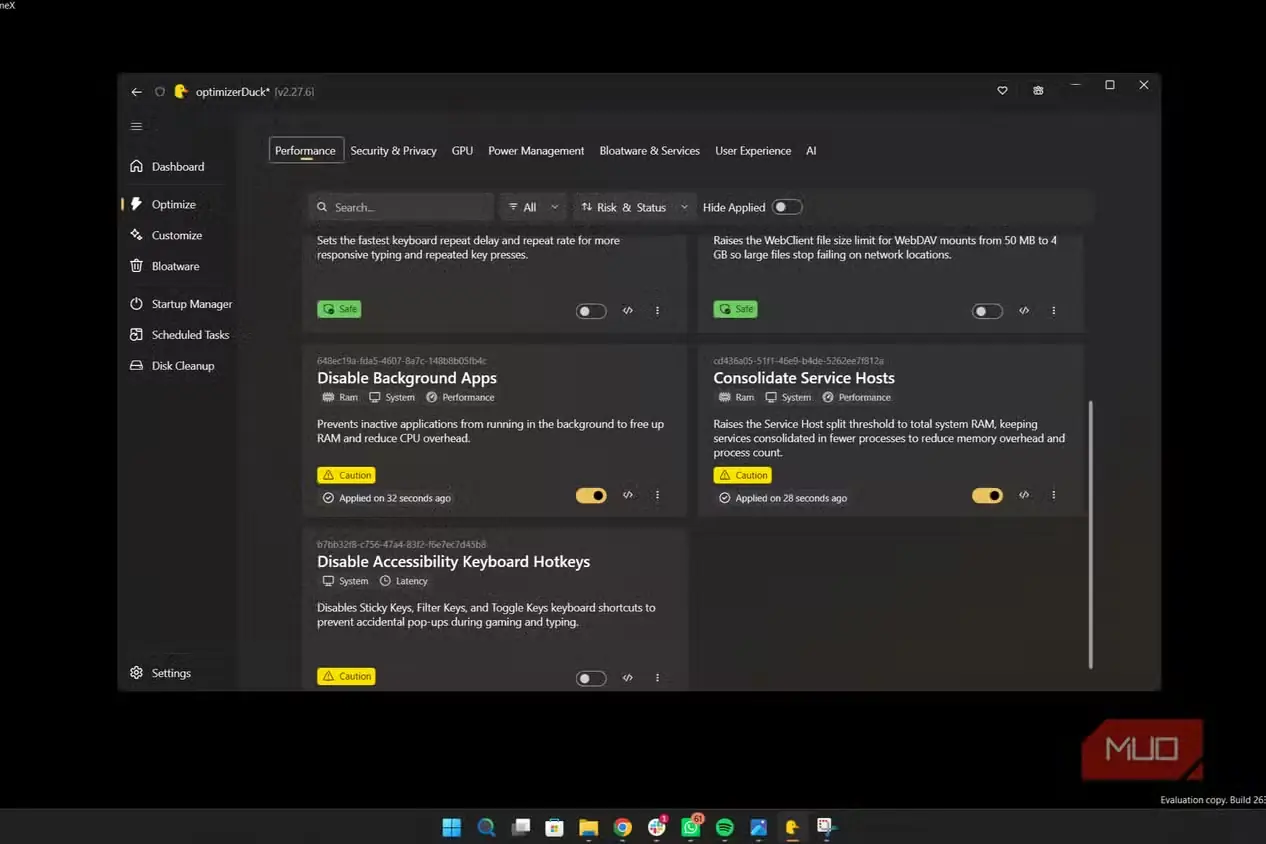 نمای گزینههای پیشرفتهٔ Optimizer Duck