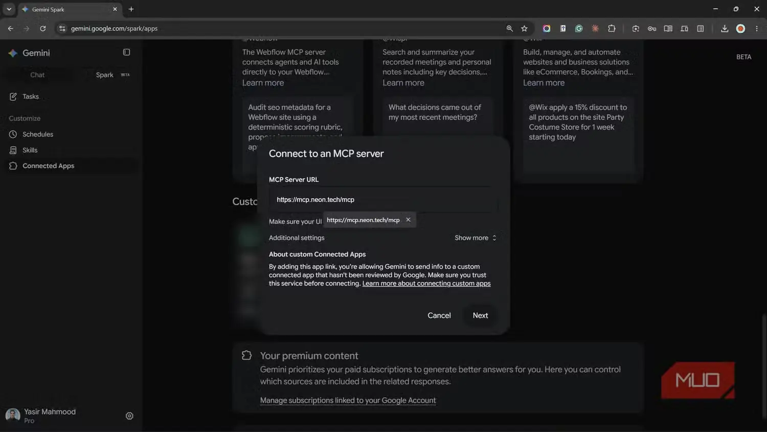 پنجرهٔ اتصال به سرور MCP در Gemini Spark با نقطهٔ پایانی Neon