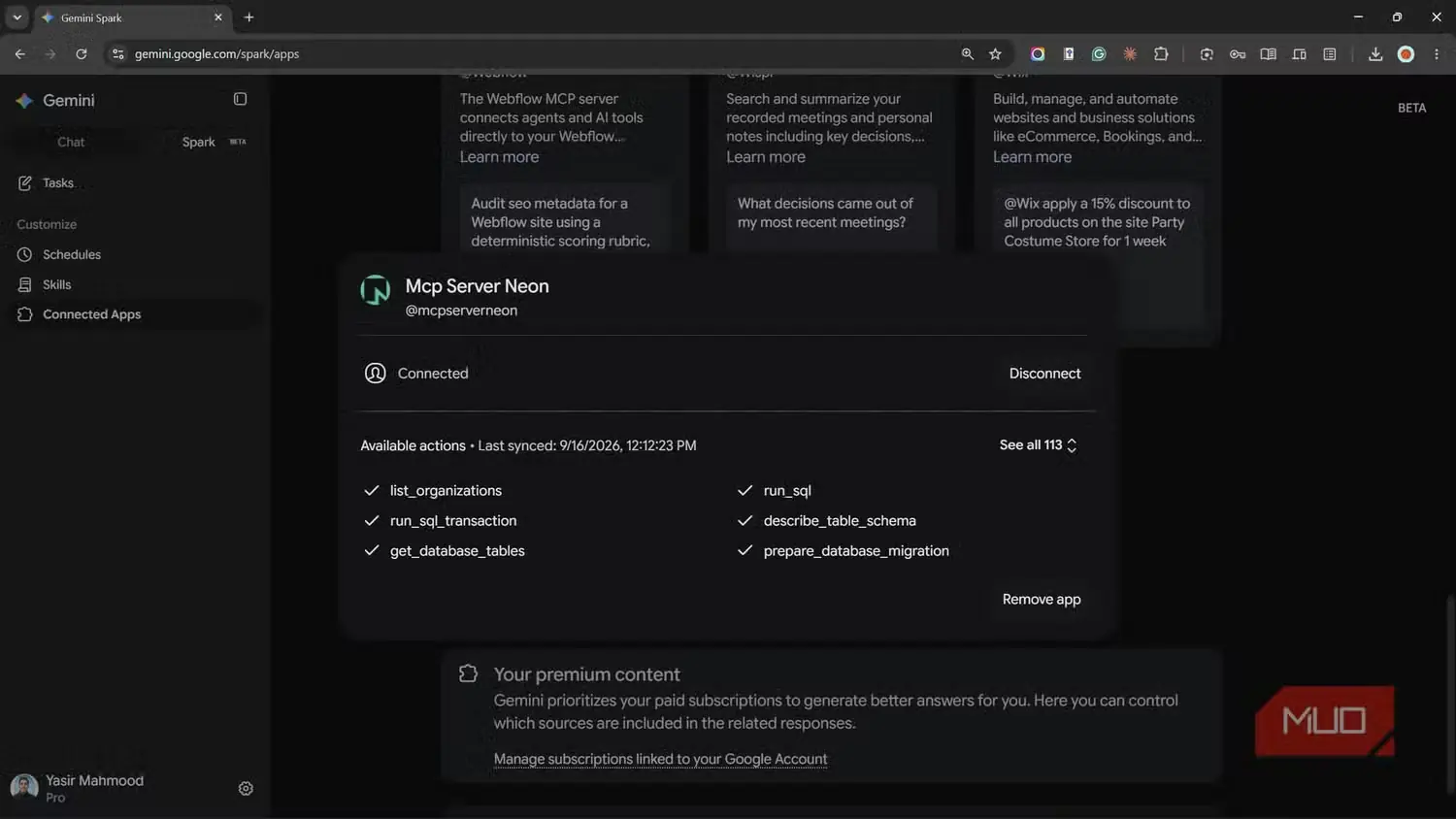 سرور MCP متعلق به Neon که همراه با کنش‌های دردسترسش به Gemini Spark متصل شده است
