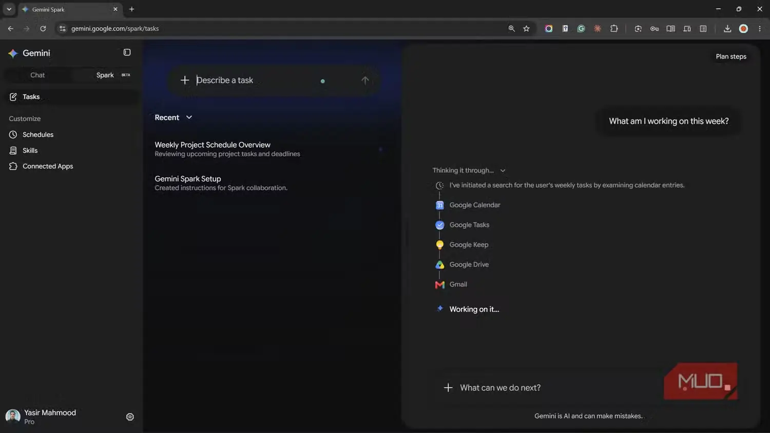 بررسی کارهای هفتگی در Calendar،‏ Tasks،‏ Keep،‏ Drive و Gmail به‌وسیلهٔ Gemini Spark
