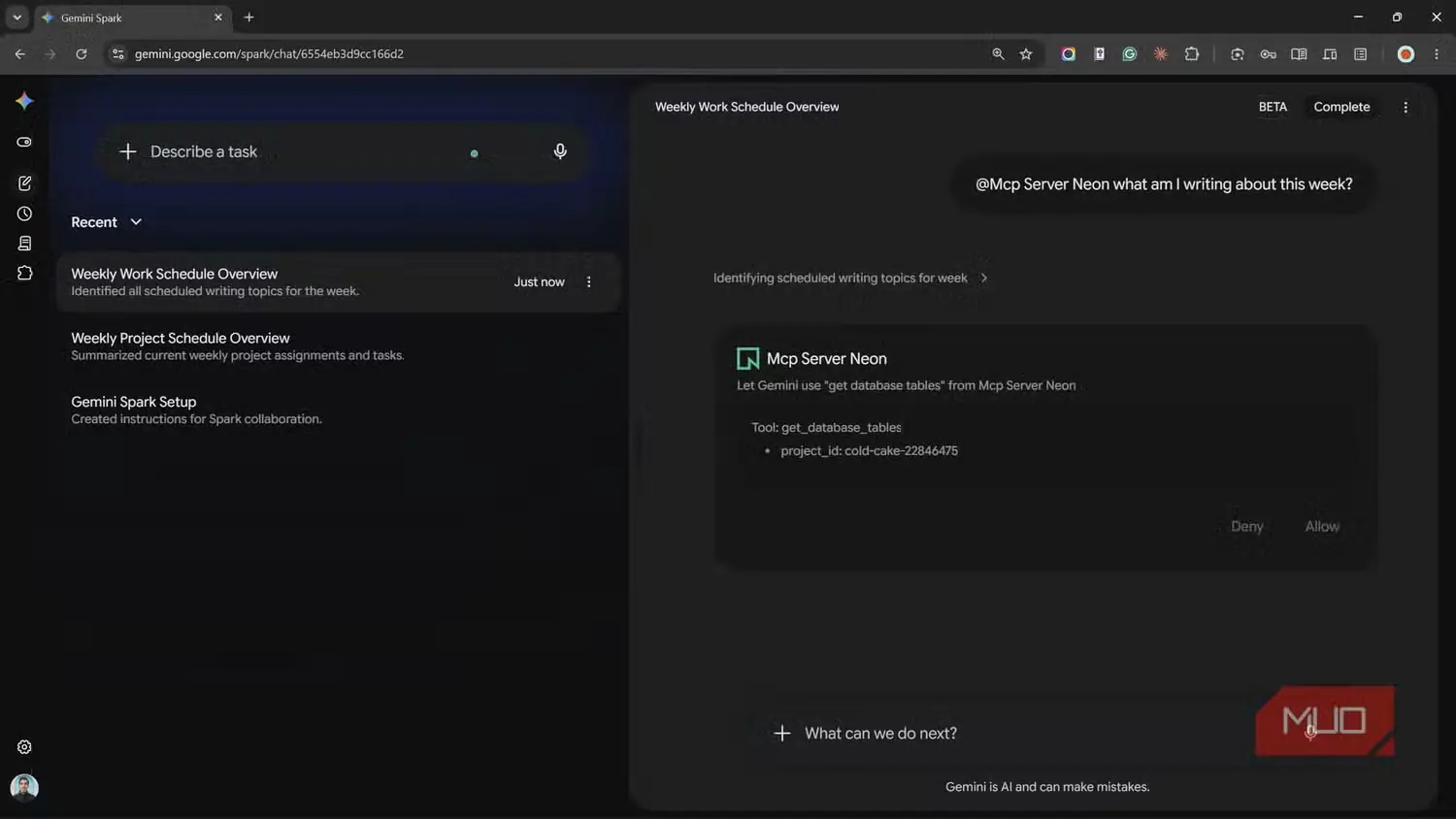 درخواست اجازه از سوی Gemini Spark برای استفاده از سرور MCP متعلق به Neon پس از اشاره با @‎
