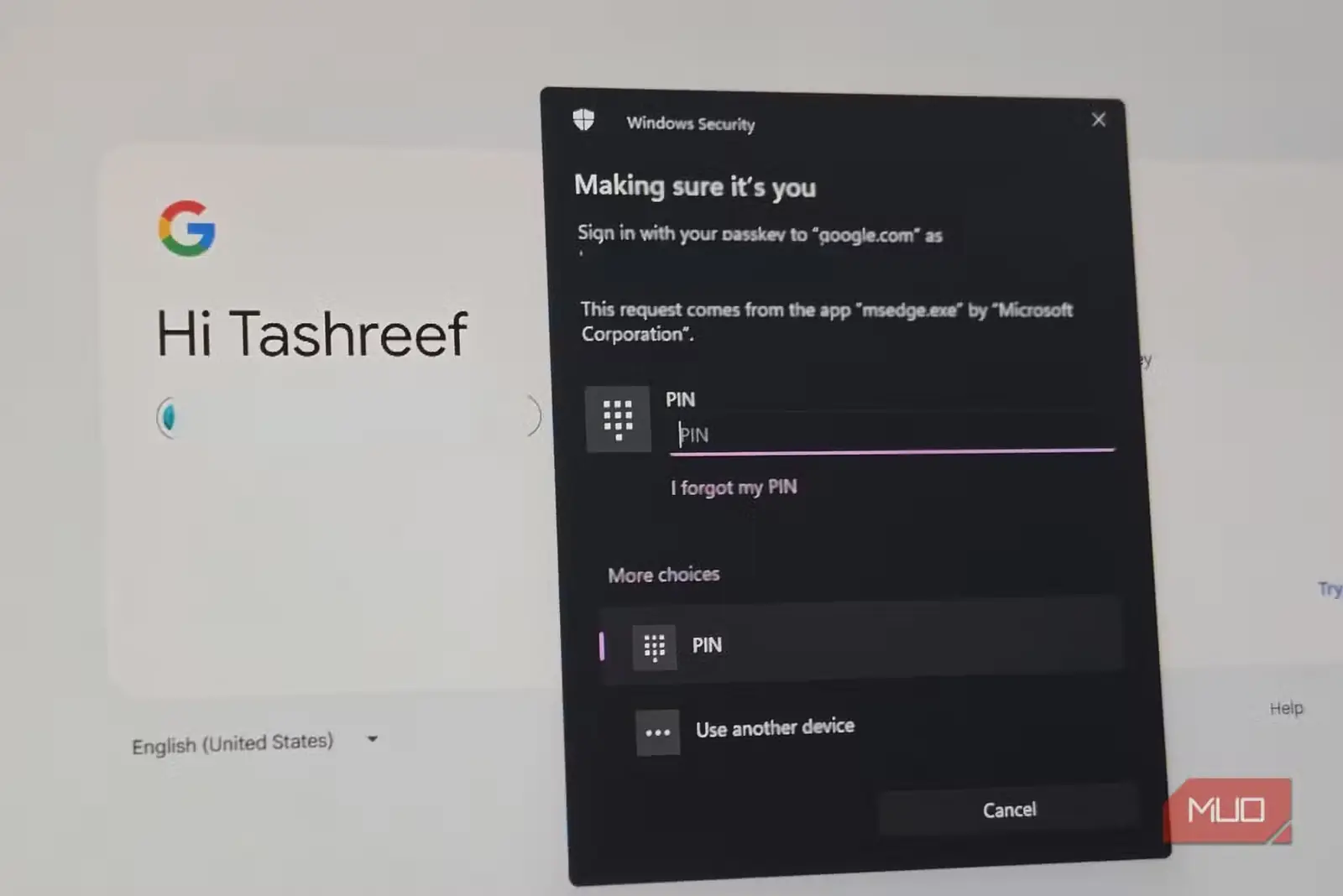 ورود به Google با کلید عبور و نمایش پنجره Windows Hello