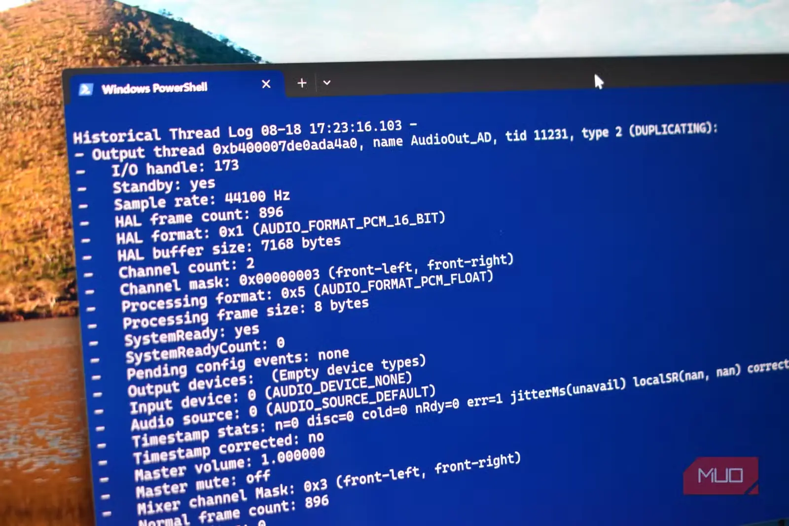 پنجره PowerShell در حال نمایش نمونه‌برداری صوتی گوشی Android