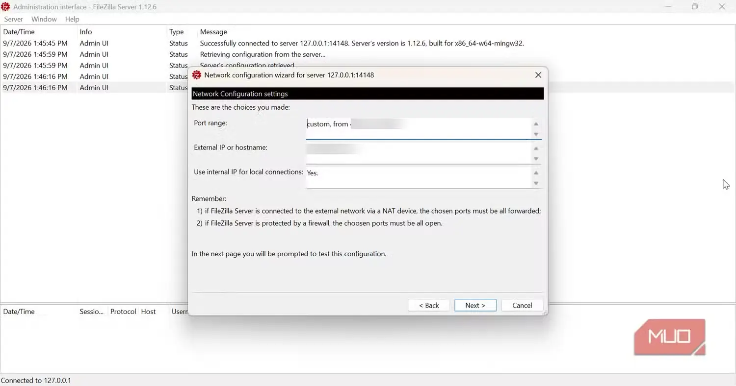 تکمیل پیکربندی شبکه در FileZilla