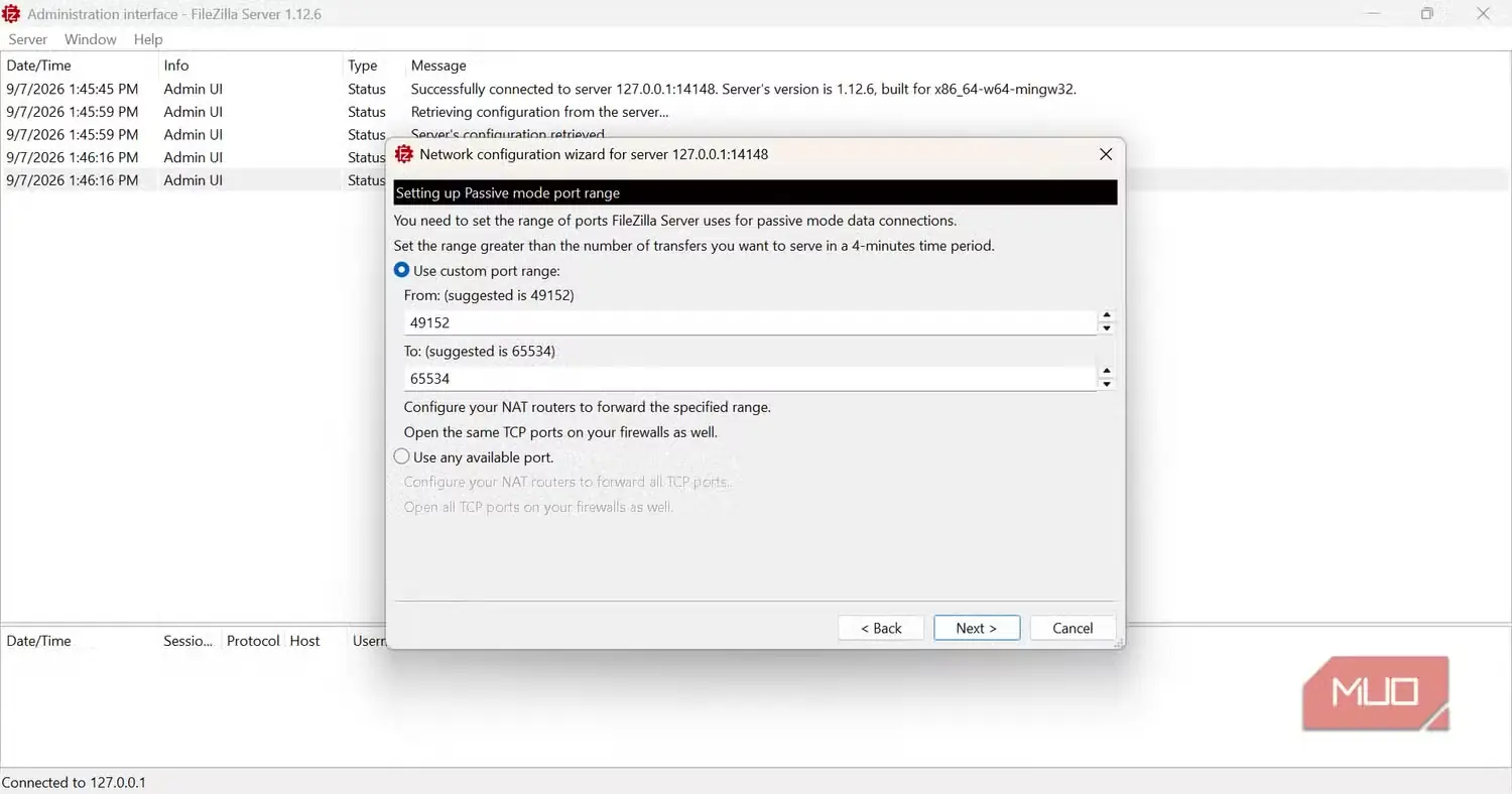 محدوده درگاههای حالت غیرفعال در FileZilla