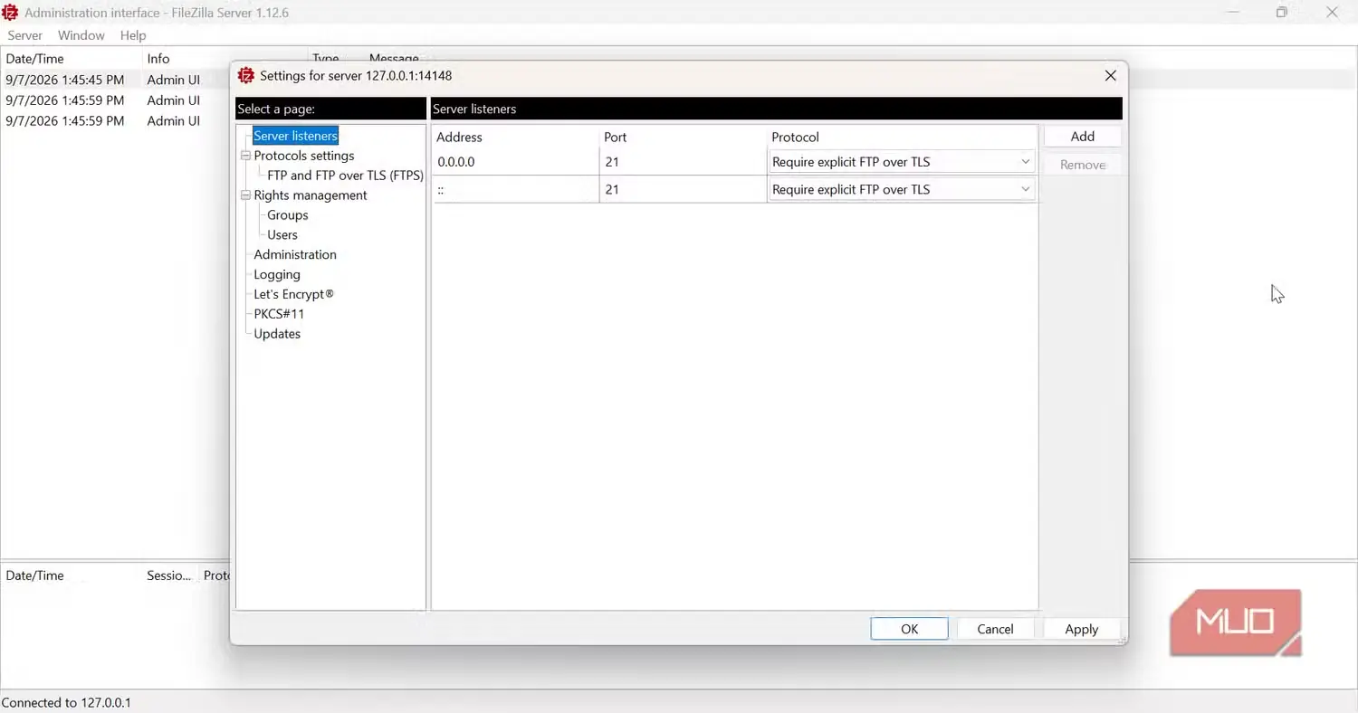 پیکربندی شنوندههای سرور FileZilla