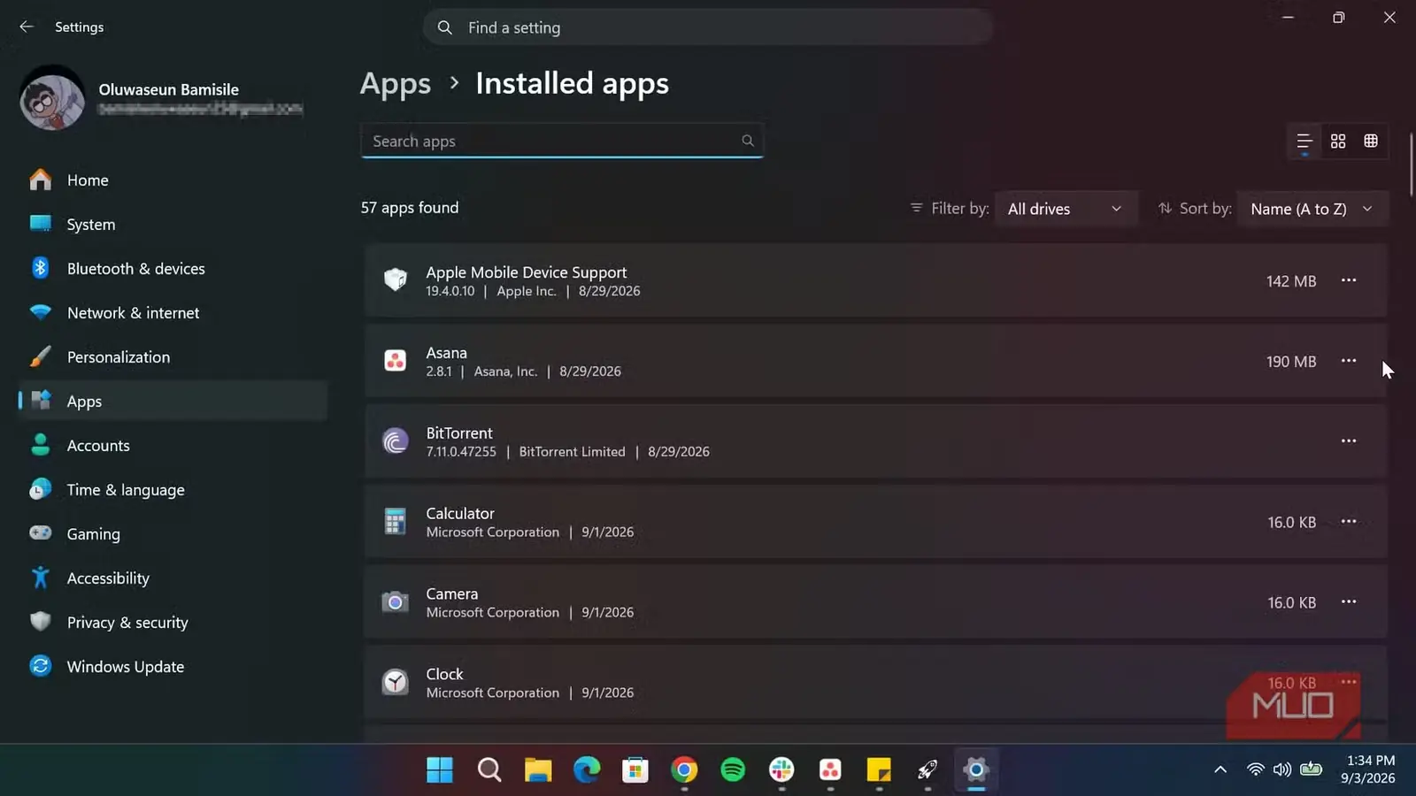 بخش برنامههای نصبشده Windows در تنظیمات