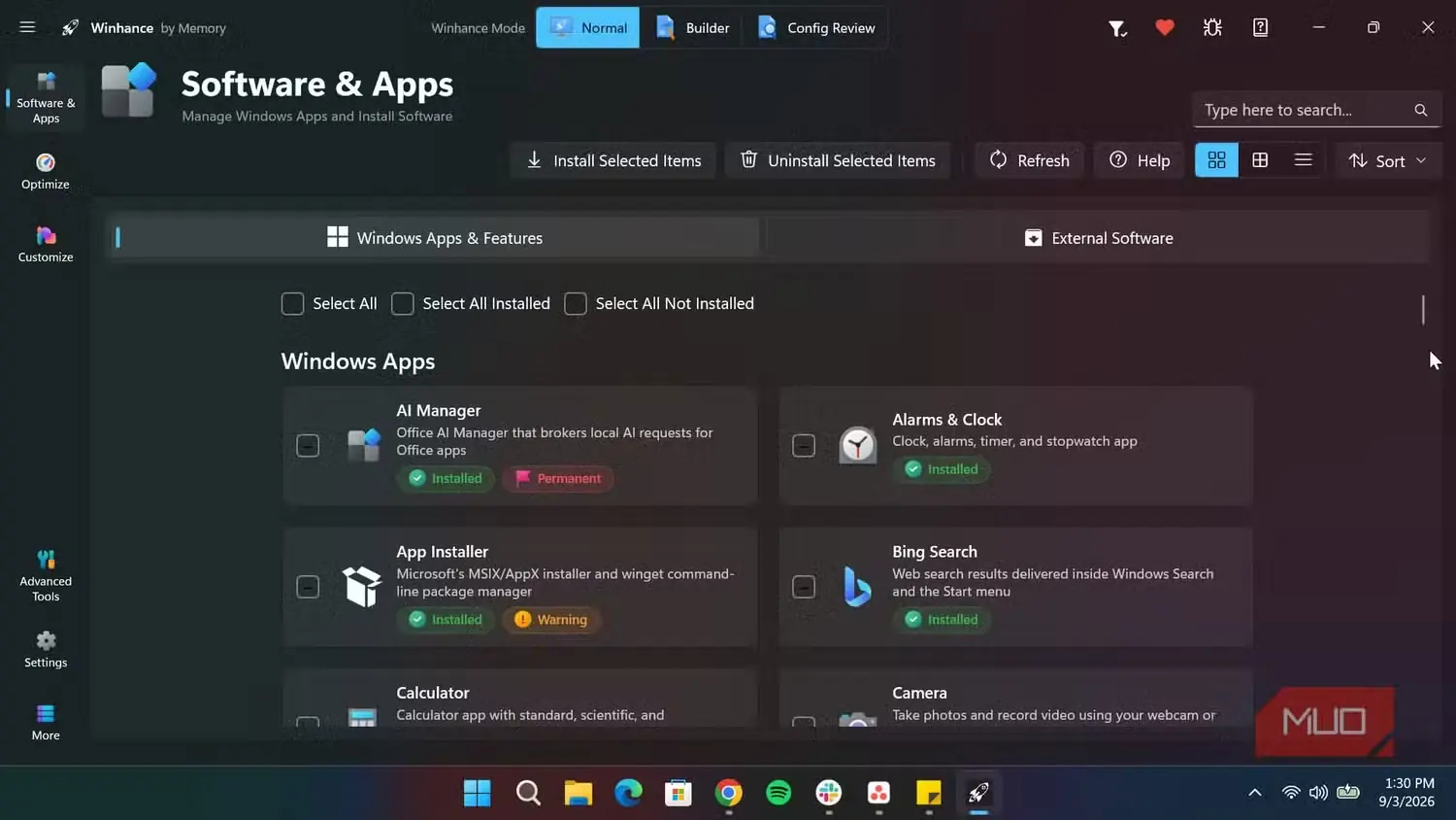 بخش نرمافزارها و برنامههای Winhance
