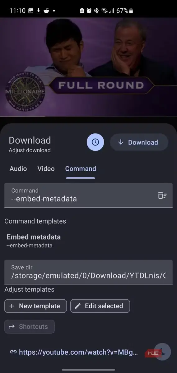 تنظیمات برنامهٔ دانلود ویدئو و فهرست فرمانها