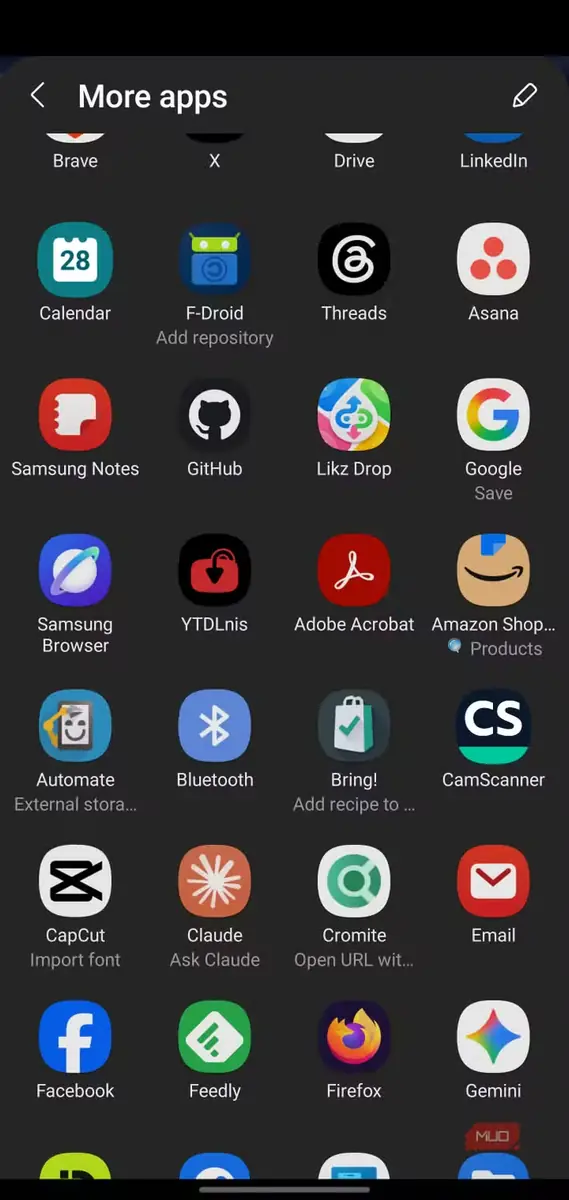 برگهٔ همرسانی Android با گزینهٔ YTDLnis