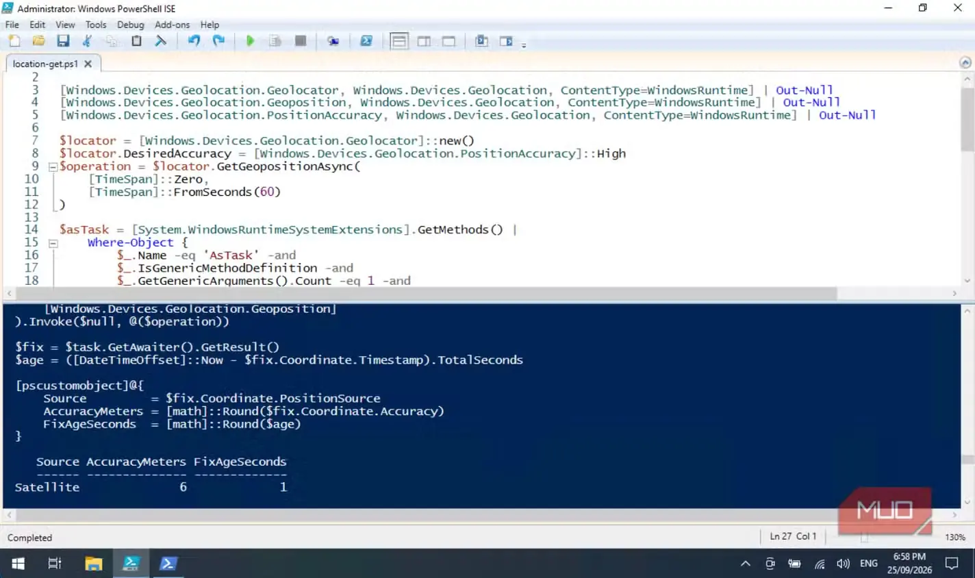 نتیجه پوشاندهشده PowerShell با نمایش Satellite بهعنوان منبع موقعیت و دقت تخمینی ششمتری در حالت خاموش بودن Wi-Fi