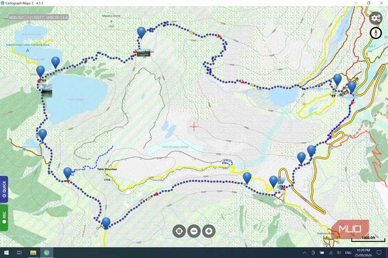 نمایش مسیر عمومی GPX و نقاط بینراهی Chain Lakes روی نقشه آفلاین پیادهروی