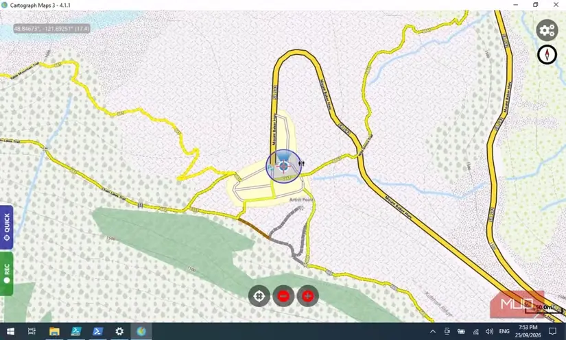 نمای نزدیک مسیرها و خطوط میزان Chain Lakes در Cartograph با استفاده از نقشه دانلودشده Washington