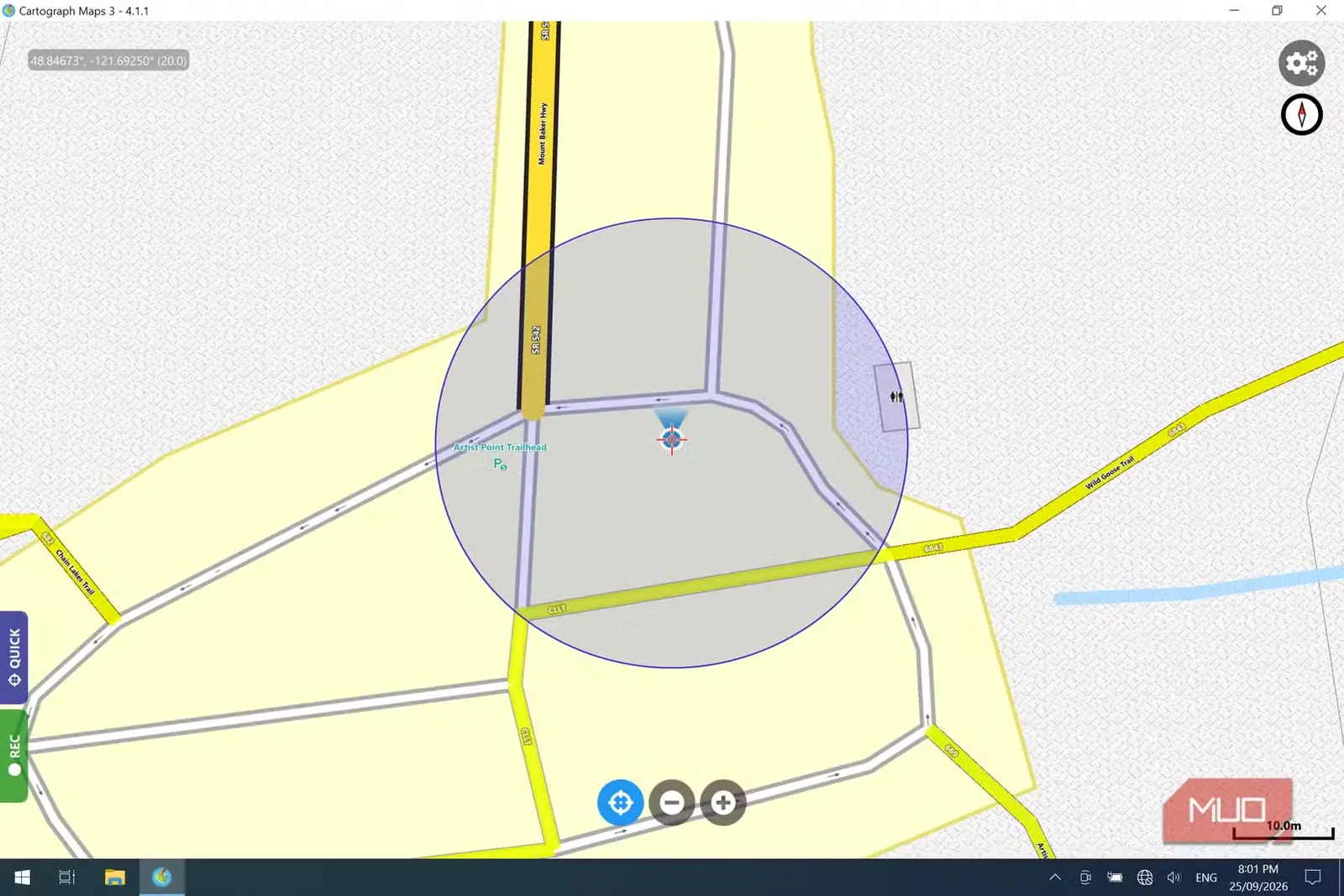 نمای نزدیک جادههای ورودی مسیرهای Chain Lakes در Cartograph با نقشه دانلودشده Washington و Wi-Fi خاموش