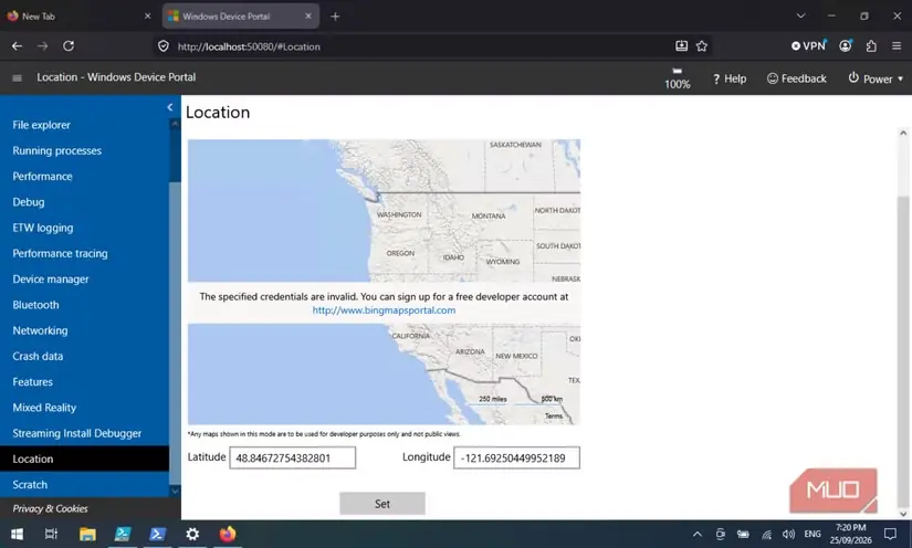 نمایش جایگزینی موقت موقعیت Chain Lakes در Windows Device Portal برای تهیه تصاویر منتشرشده