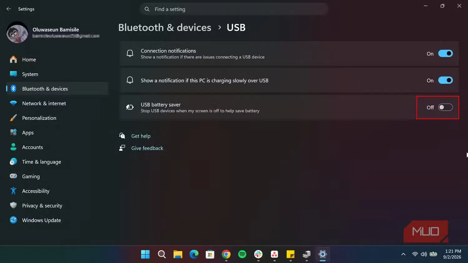 خاموشکردن صرفهجویی باتری USB در تنظیمات Windows 11
