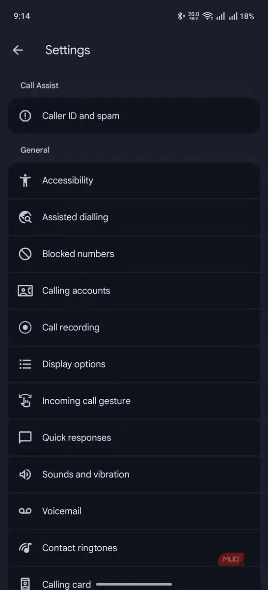 صفحه تنظیمات برنامه تلفن در اندروید
